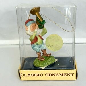Vintage 1991 Santa Christmas Santa Elf Blowing a Gold Horn Ornament X-mas NIB